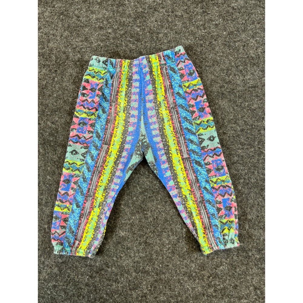 Vintage Kids Multi Color Geometric Abstract Print Fleece Joggers Pants 90s Surf